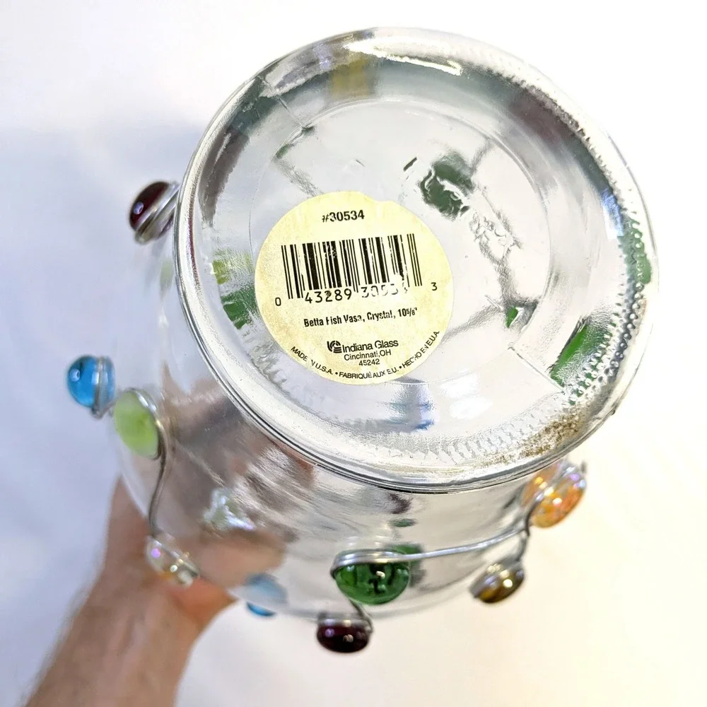 Indiana Glass Betta Fish Vase Crystal Wire Wrapped Colorful Gems 30534 11.5 Inch